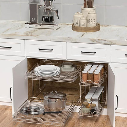 OCG 2 Tier Pull Out Cabinet Organizer (18.5" W x 21" D), Pull Out Drawers for Kitchen Cabinets, Pull Out Shelves for Base Cabinet Organization in Kitchen Bathroom Pantry, Chrome Finish
