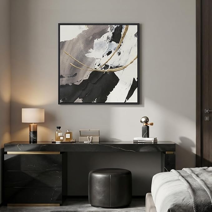 Framed Black White and Gold Abstract Wall Art, 1 Piece Square Modern Canvas Prints Artwork for Walls, Minimalist Abstract Picture for Bedroom Dining Room Lounge Living Room Office Wall Decor 24x24 In