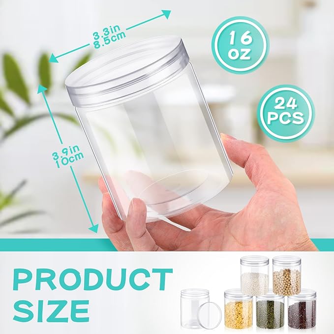 Irenare 24 Pcs 16 oz Plastic Jars with Lids Clear Plastic Containers Wide Mouth Food Mason Jars Airtight Storage Containers for Cake, Dried Fruit, Honey, Nuts, Carft, Scrub Cream(Clear Lids)