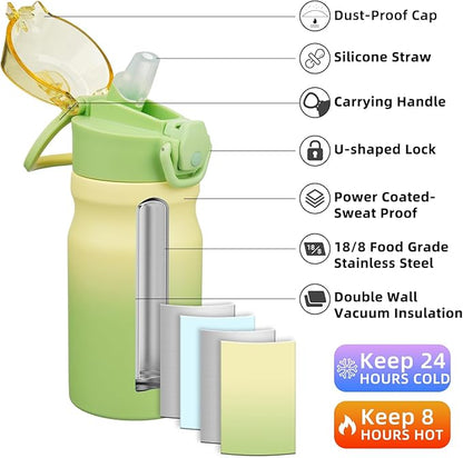 BJPKPK Water Bottle with Straw 14oz Insulated Water Bottles Reusable Stainless Steel Metal Thermal Flask with Leak Proof Lockable Lid and Carry Handle,Lime