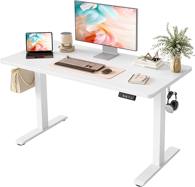 TIQLAB Electric Standing Desk, Adjustable Height Stand up Desk, 55 * 24 Inches Sit Stand Home Office Table with Splice Board, White