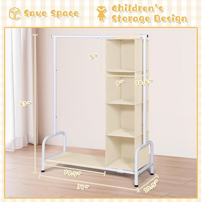 Univivi Kids Clothing Rack with Hanging Organizer, Child Dress Up Storage for Hanging Clothes, Kids Wardrobe Closet for Baby Clothes, Dance Costumes, Dance Costume Garment Rack, Beige/White