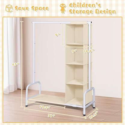 Univivi Kids Clothing Rack with Hanging Organizer, Child Dress Up Storage for Hanging Clothes, Kids Wardrobe Closet for Baby Clothes, Dance Costumes, Dance Costume Garment Rack, Beige/White