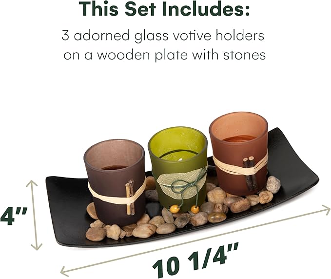 Dawhud Direct Decorative Votive Candle Holders, Vintage Decor Flameless Candlescape Set, 3 LED Tea Light Candles, Rocks and Tray - Fall Table Decor (Earth Tones) (Pack of 2)