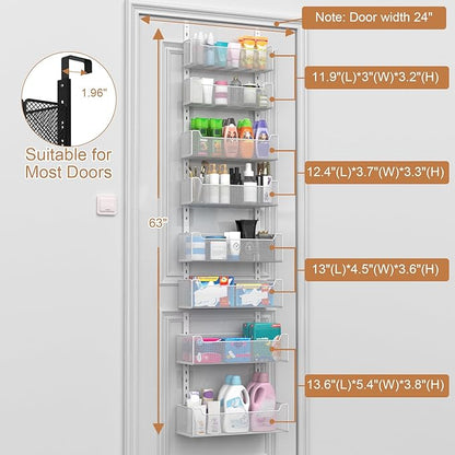 VyGrow Over The Door Organizer, 8-tier Metal Door Organizer Hanging with Adjustable Baskets, Behind The Door Storage for Bedroom Closet Bathroom Pantry Cabinet Kitchen, White