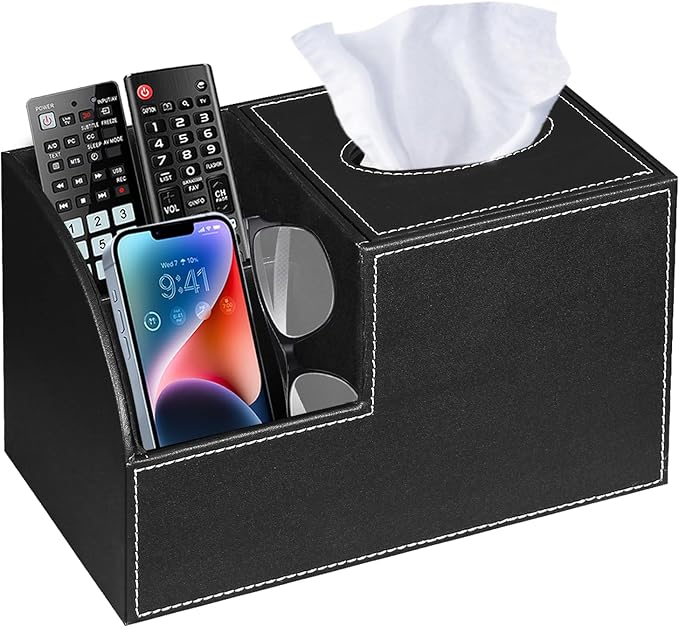 PU Leather Square Tissue Box Cover - Multi-Functional Tissue Box Holder, Tissue Box Cover with Storage,Tissue and Remote Control Holder, Cube Tissue Box Organizer Bedroom Nightstand End Table