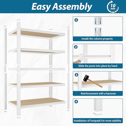 PrimeZone 24" W x 16" D x 59" H Closet Storage Shelves - 5 Tier White Metal Connector Shelving Unit, Adjustable Heavy Duty Garage Shelves, Utility Rack Organizer Shelf for Kitchen Pantry Closet Garage