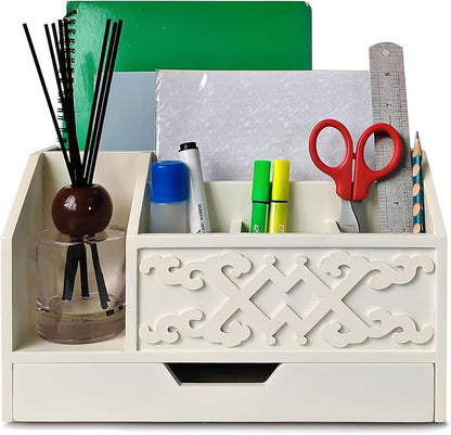 White Wooden Mail Organizer with Drawer, Three Tiered Desk Accessories for Office Organization and Storage, Stylish Countertop Document Storage, Home/Office/Classroom Supplies (White03)