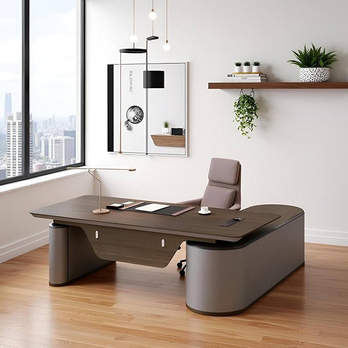 78.7" Reversible L-Shaped Adjustable Height Executive Desk with Oval Storage Cabinet - Black/Brown Standing Desk, Rounded Corners, 3 Drawers & 2 Door Compartments, Flexible Home & Office Workstation