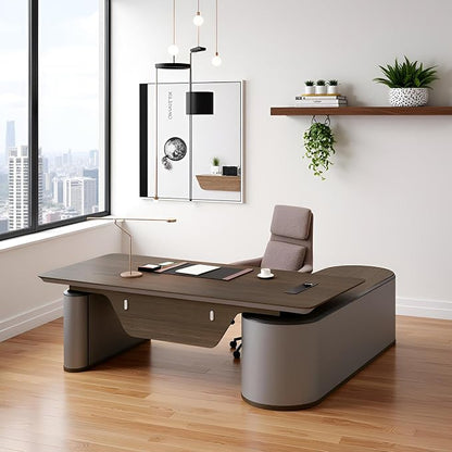 78.7" Reversible L-Shaped Adjustable Height Executive Desk with Oval Storage Cabinet - Black/Brown Standing Desk, Rounded Corners, 3 Drawers & 2 Door Compartments, Flexible Home & Office Workstation