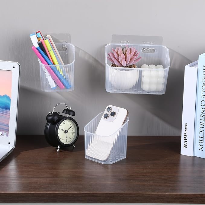 8 Pcs Clear Wall Basket, Wall Mounted Storage Bins Cabinet Door Organizer Plastic Shower Caddy with Self-Adhesive Hanger, Large Containers Box for Bathroom, Kitchen, Pantry, Countertop, No Drill Shelf