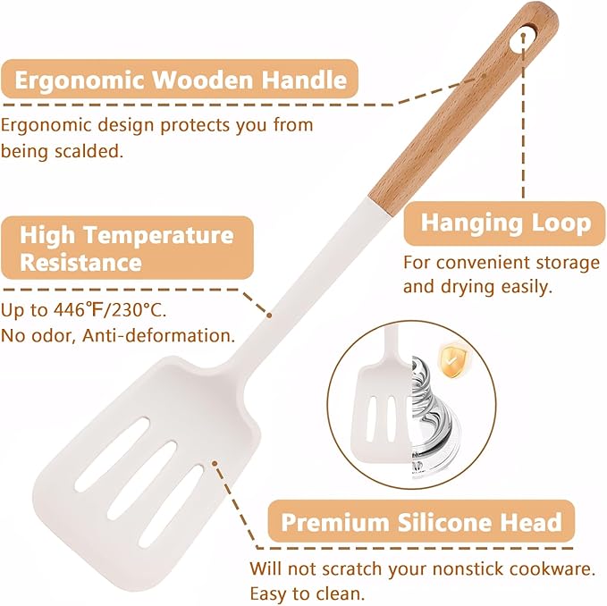 IOCBYHZ Silicone Cooking Utensils Set 5 Pcs Large Non-Stick Kitchen Utensils Set, Wooden Handle Heat Resistance Turner Soup Ladle Spoon Silicone Cooking Kitchen Gadgets BPA Free for Nonstick Cookware