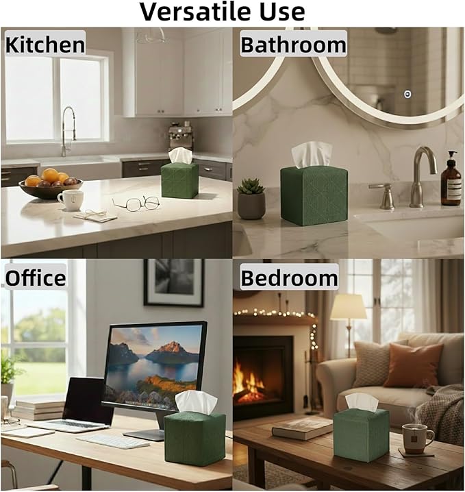 Tissue Box Cover 2-Pack, Square Tissue Holder with Bottom Belt, Modern Tissue Case Facial Paper Organizer Dispenser for Bathroom, Office, Home, Table, Car, Green, Linen Pattern