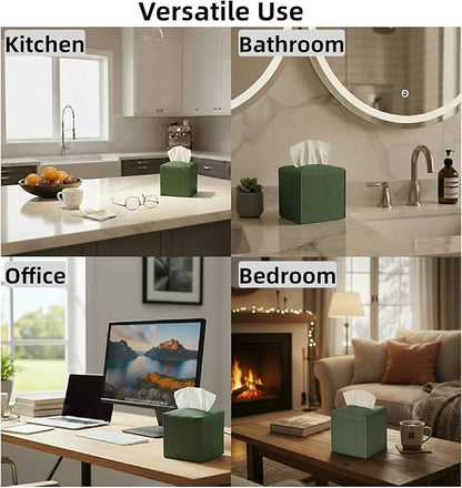 Tissue Box Cover 2-Pack, Square Tissue Holder with Bottom Belt, Modern Tissue Case Facial Paper Organizer Dispenser for Bathroom, Office, Home, Table, Car, Green, Linen Pattern