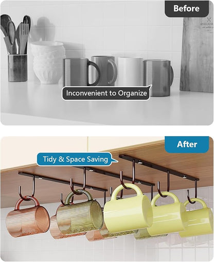 Luckinow 3 Pack Mug Hooks Under Cabinet, Coffee Mug Holder for Hanging Under Shelf, Cup Hanger with 9 Hooks for Displaying Mugs, Coffee Cups and Kitchen Utensils, Brown