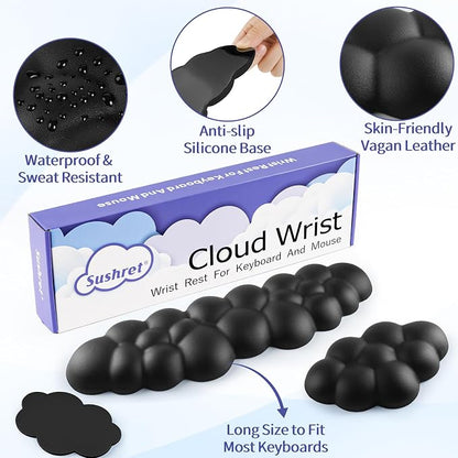 Sushret Cloud Wrist Rest Keyboard, Cloud Keyboard Wrist Pad Set with PU Leather Memory Foam, Cute Arm Rest for Palm Support, PC/Gaming Desk Accessories/Office Setup/Computer Hand Cushion - Black