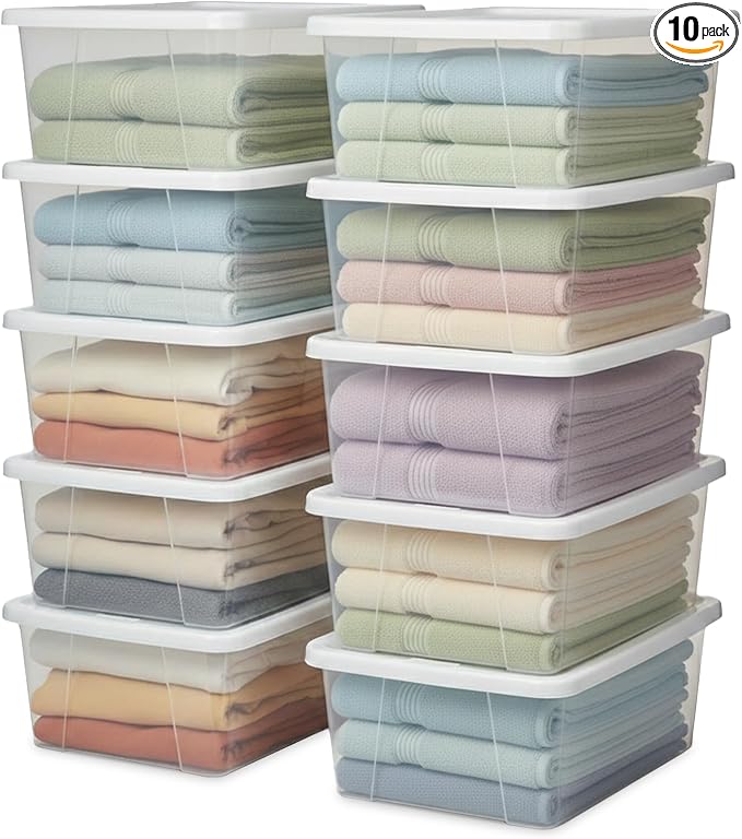 HOMZ 10-Pack Snaplock, Small Clear Plastic Storage Organizer Bins w/ Lids, 6 Quart, White - Stackable Container Boxes for Bedroom, Bathroom, Garage, and Office Organization