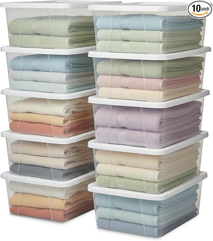 HOMZ 10-Pack Snaplock, Small Clear Plastic Storage Organizer Bins w/ Lids, 6 Quart, White - Stackable Container Boxes for Bedroom, Bathroom, Garage, and Office Organization