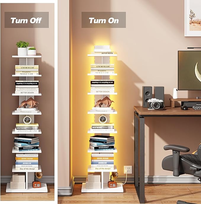 TUTOTAK Narrow Bookshelf, 8-Tier Bookcase with LED Lights, Spine Book Shelf for Small Space, Corner Standing Shelf for Living Room, Office, Study, Entryway, White BS06BW008L