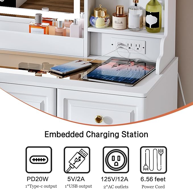 43" Makeup Vanity Desk with Mirror and Lights, & Power Outl, Glass Top Big Vanity Table with 9 Drawers& 8 Storage Shelves, Dressing Table Set with Chair for Bedroom, White
