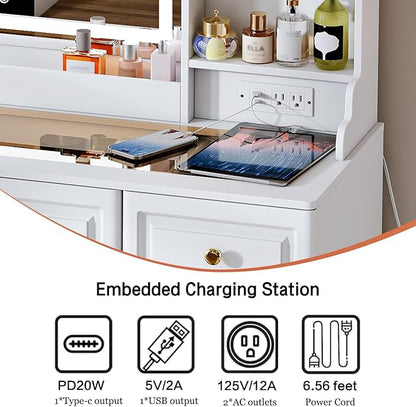43" Makeup Vanity Desk with Mirror and Lights, & Power Outl, Glass Top Big Vanity Table with 9 Drawers& 8 Storage Shelves, Dressing Table Set with Chair for Bedroom, White