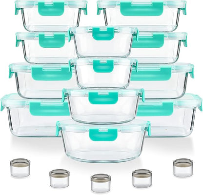 34pcs Glass Food Storage Containers with Lids Set, Airtight Glass Meal Prep Containers (17 Containers & 17 Lids), Leak Proof Lunch Container BPA-Free, Microwave, Oven, Freezer, Dishwasher Safe-Green