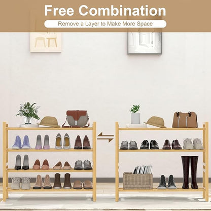 Haddockway Bamboo Shoe Rack for Closet, Free Standing Shoe Organizer with Smooth Round Rods & Convenient Handles, Stackable Shoe Storage Shelf for Entryway, Hallway(Natural, 4-Tier)