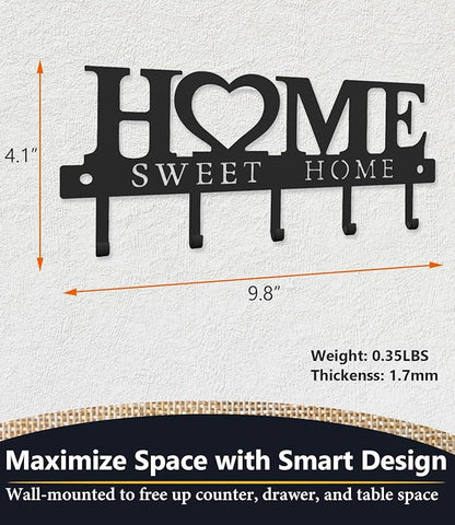 Key Holder Hooks Organizer Hanger Rack Wall Mounted Sweet Home Metal Decor Stylish and Practical for Entryway Front Door Kitchen Hallway Garage Mudroom Office 9.8inches/25cm Hardward Included Black