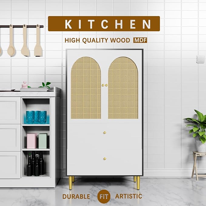 Sideboard with 2 Rattan Doors and 3 Drawers, Buffet with Adjustable Shelf for Kitchen, Living Room