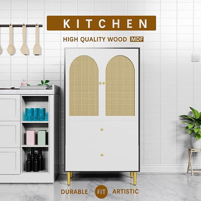 Sideboard with 2 Rattan Doors and 3 Drawers, Buffet with Adjustable Shelf for Kitchen, Living Room