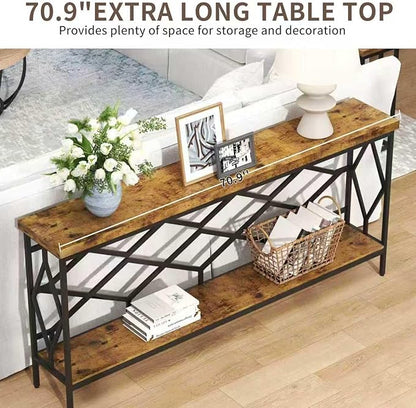 karlott 71" Extra Long Entryway Table, Narrow Console Table, Industrial Sofa Behind Couch Table with Open Storage Shelf, Hallway Table for Entryway, Living Room, Foyer, Entrance, Unique Design, Brown