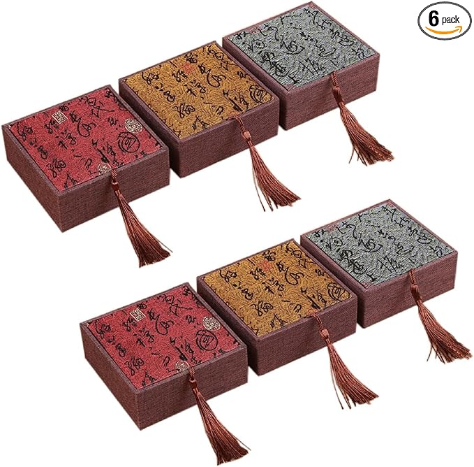 MIAO JIN 6 Pieces Retro style Square Tassel Jewelry Boxes Set Small Travel Gift Organizer, Portable Traditional Bracelet Jewelry Earring Packaging Case for Valentine Day Anniversary Birthday Gift