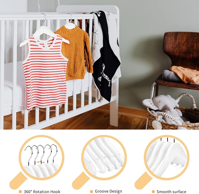 Nature Smile Kids Baby Children Toddler Wooden Shirt Coat Hangers with Notches and Anti-Rust Chrome Hook Pack of 10 (White)