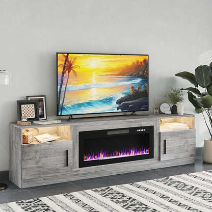 PRETZI Fireplace TV Stand with 36" Fireplace Up to 90" TVs, 80" Entertainment Center with LED Lights, Remote Control, TV Media Console with Storage Cabinets for Living Room, Grey