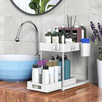 2 Pack Under Sink Organizer with Pull-Out Drawer, 2-Tier Cabinet Storage for Kitchen & Bathroom, Tool-Free Assembly, Fits Cleaning Supplies & Toiletries, Space Saving for Small Cabinets, White