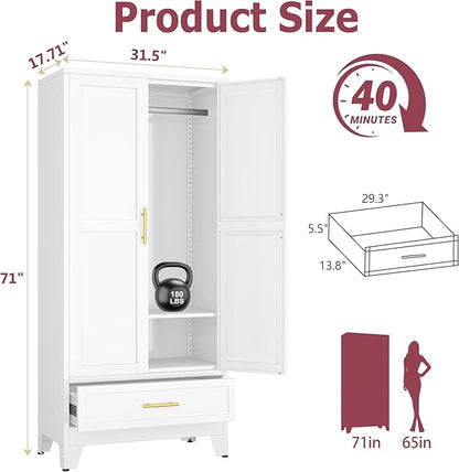 Steel Armoire Wardrobe Closet with 2 Doors, 71" Household Wardrobe Cabinet with Hanging Rod and Drawers, Metal Clothing Storage Cabinet with Adjustable Shelf for Bedroom, Cloak Room, Gym(White)