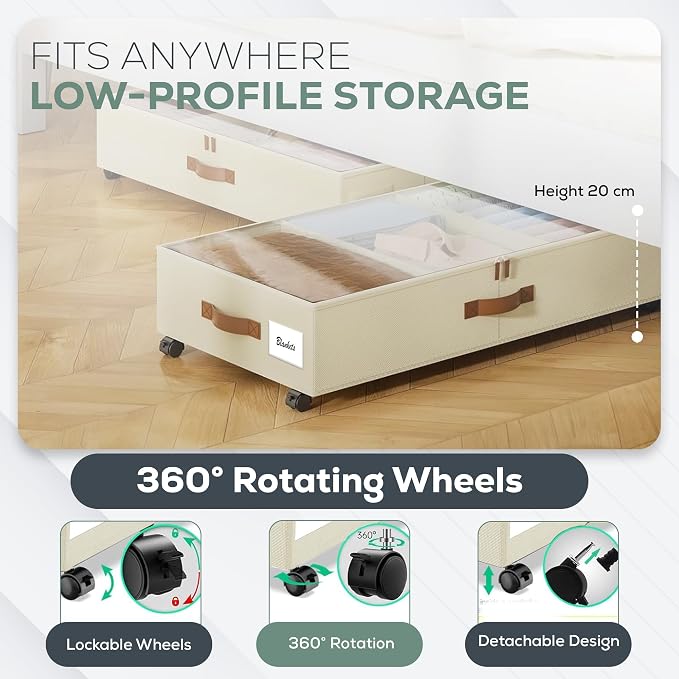 Underbed Storage with Wheels, 2 Pack (36L Each)| Low Profile Storage Organizer with Clear Window, Double Zipper & 360° Locking Wheels – Rolling Metal Drawer for Clothes, Shoes, & More (Beige)