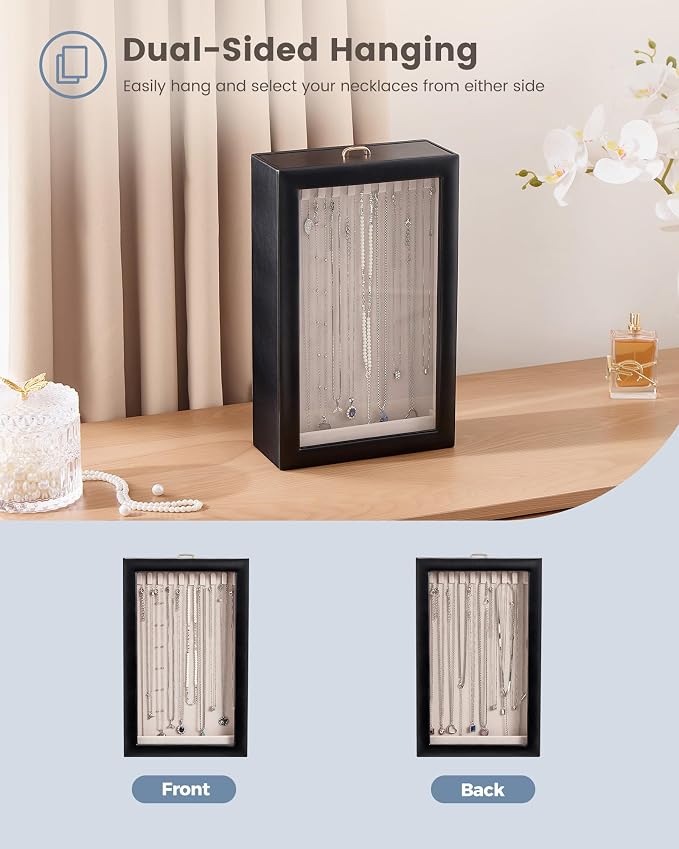 Lolalet Upgraded Double-Sided Hanging Necklace Organizer Box, Jewelry Display Case with Double-Sided Clear Window for Necklaces Bracelets, Tangle-Free Necklace Storage Box, Black, 1-Layer 20 Hooks