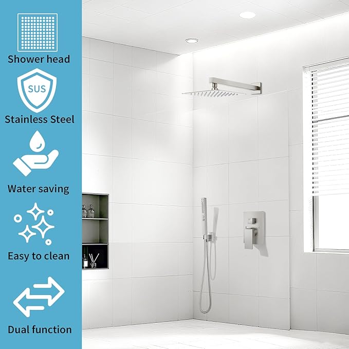 Shower Faucet Set Rainfall Shower System with Square Showerhead and Handle Set Fixture with 2 in 1 Function Handheld Sprayer Wall Mounted Trim Repair Kit Rough-in Valve 8 Inch Brushed Nickel