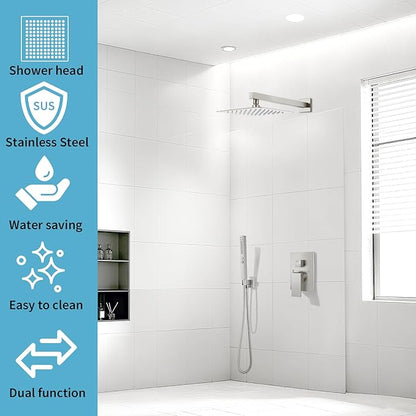 Shower Faucet Set Rainfall Shower System with Square Showerhead and Handle Set Fixture with 2 in 1 Function Handheld Sprayer Wall Mounted Trim Repair Kit Rough-in Valve 8 Inch Brushed Nickel