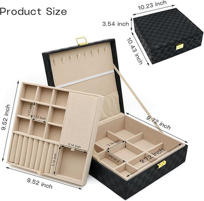 Jewelry Organizer Box, Jewelry Box Organizers for Women Girls, Jewellery Display Holder, 2 Layers Large Leather Jewels Storage Case for Earring, Rings, Necklaces, Bracelets, Watch, Ideal Gift (Black)