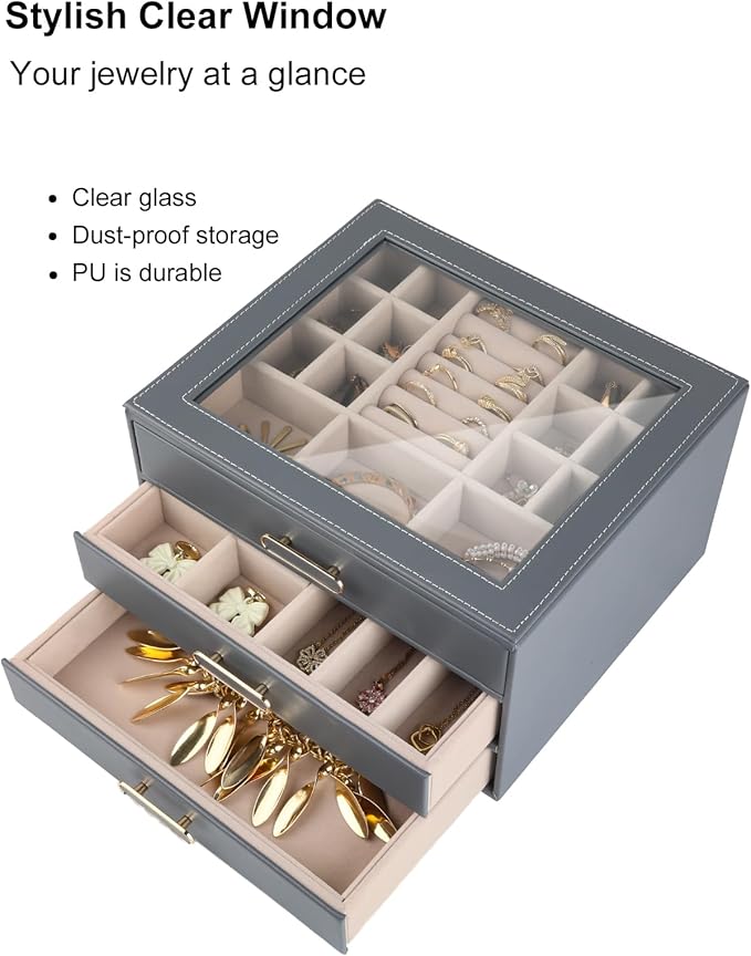 3 Layer Jewelry Organizer Box with Glass Lids & 3 Drawers - Elegant Storage Solution for Necklace, Rings，Earrings, and Bracelets - Perfect for Women ASK-301 (Grey)