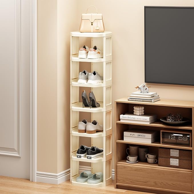 Kitstorack Vertical Shoe Rack: 5 Tiers Stackable Shoe Rack for Closet DIY Free Standing Shoe Organizer Small Shoe Shelf for Small Spaces and Narrow Spaces Plastic, White