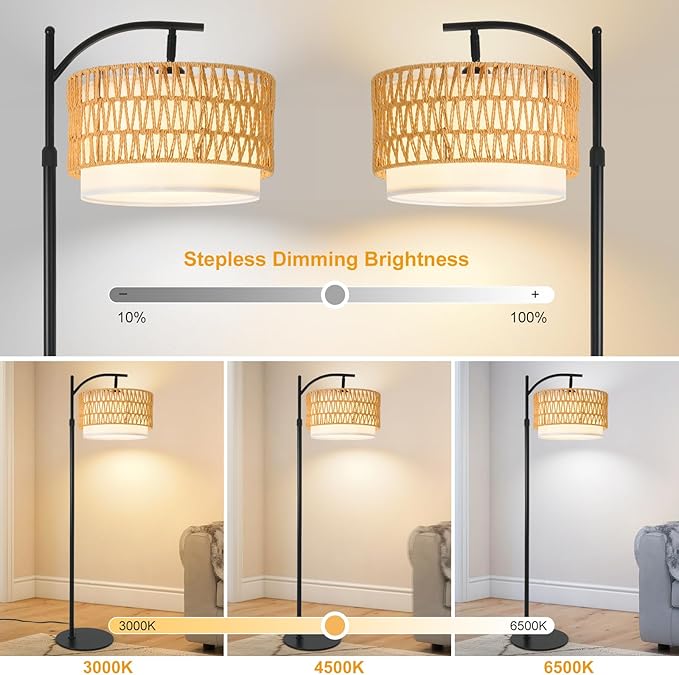 Bohemian Rattan Floor Lamp for Living Room - Black Arc Design, 12W LED (1 in use + 1 Spare), Remote & Dimmable 3 - Color Temp, Tall Standing Lamp