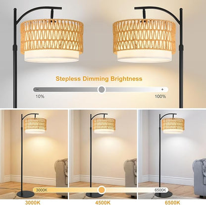 Bohemian Rattan Floor Lamp for Living Room - Black Arc Design, 12W LED (1 in use + 1 Spare), Remote & Dimmable 3 - Color Temp, Tall Standing Lamp