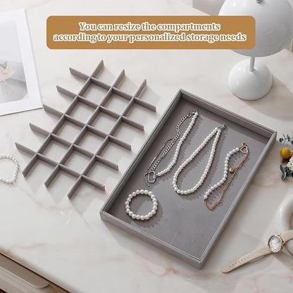 Large Velvet Jewelry Tray 2 Pack Stackable Jewelry Display Drawer Inserts Trays Organizer for Earring Bracelet Necklace Ring (Gray, 24 Grids)