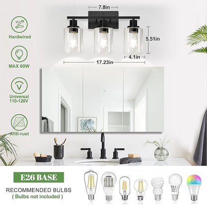 3-Light Bathroom Light Fixtures, Vanity Light with Clear Glass Shades, Matte Black Bathroom Light Fixtures Over Mirror, Modern Bathroom Wall Lamp for Mirror Living Room Cabinet Bedroom