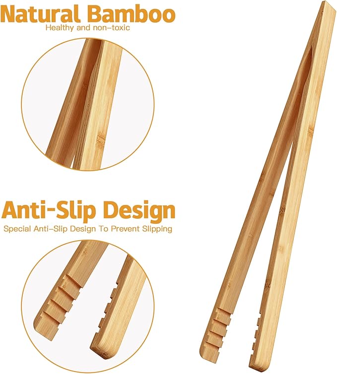 DUJEN 2 Pieces Bamboo Toast Tongs, 10.2 Inches Long Wood Toaster Tongs with Anti-slip Design, Tongs for Cooking with Cooking Oil Coating