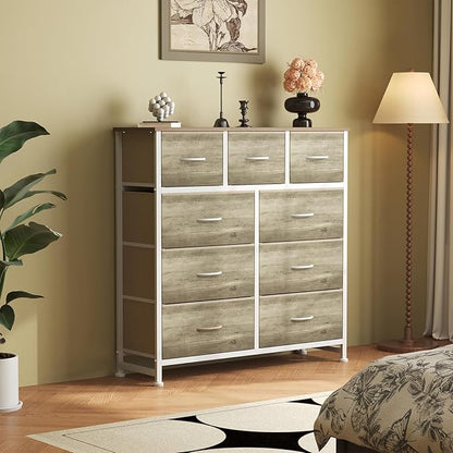OLIXIS 9 Drawer Storage Dresser with Wood Top - Wide Fabric Chest Organizer for Bedroom, Closet, Living Room,Tower Cabinet, TV Stand, Hallway Entryway Furniture,Oak Greige
