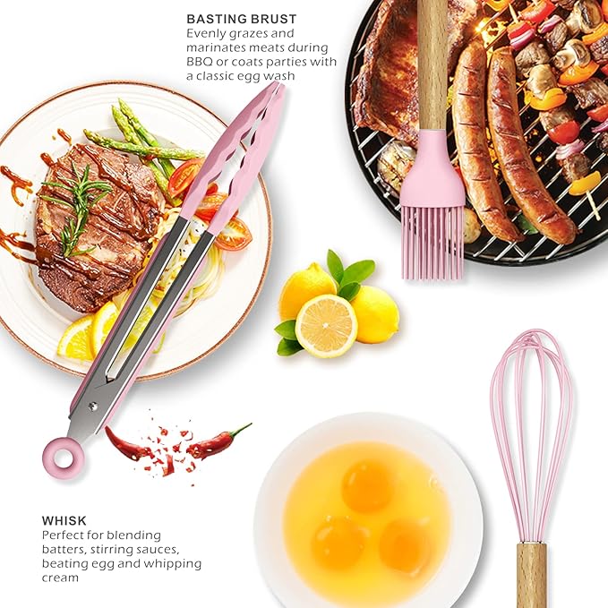 oannao Silicone Kitchen Utensils Set - 446°F Heat Resistant Cooking Utensil Sets, Spatula,Turner,Tongs,Spoon,Whisk, Wooden Handle Silicone Kitchen Gadgets Tools for Non-Stick Cookware BPA Free (Pink)
